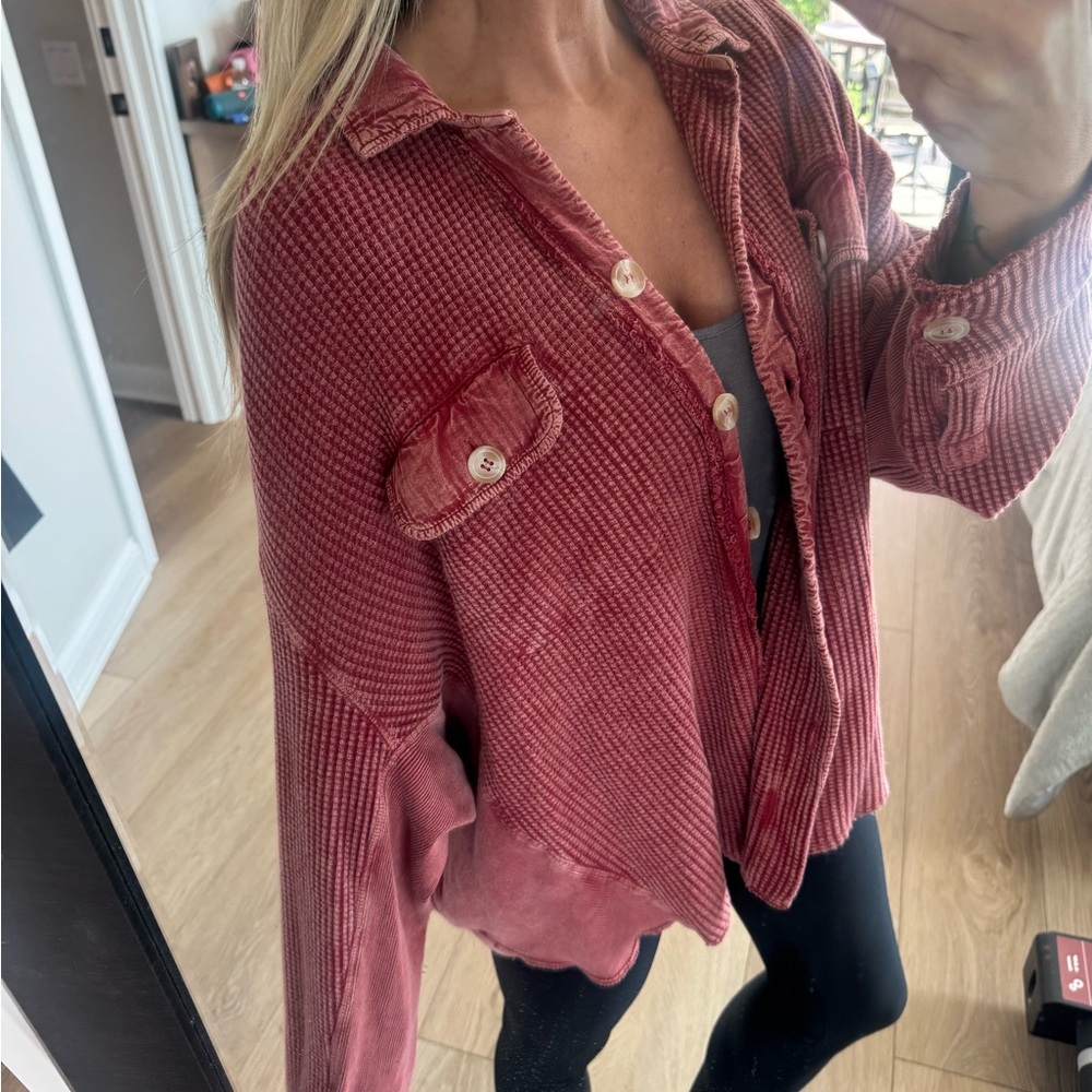 Free People Red Corduroy Button-Up Shirt